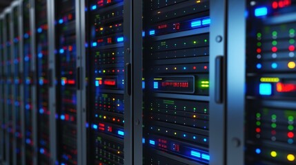 Obraz premium Modern data center room with multiple servers in rack array configuration. LED illuminates rows of computer hardware for big business operations. Network equipment, storage facilities provide secure