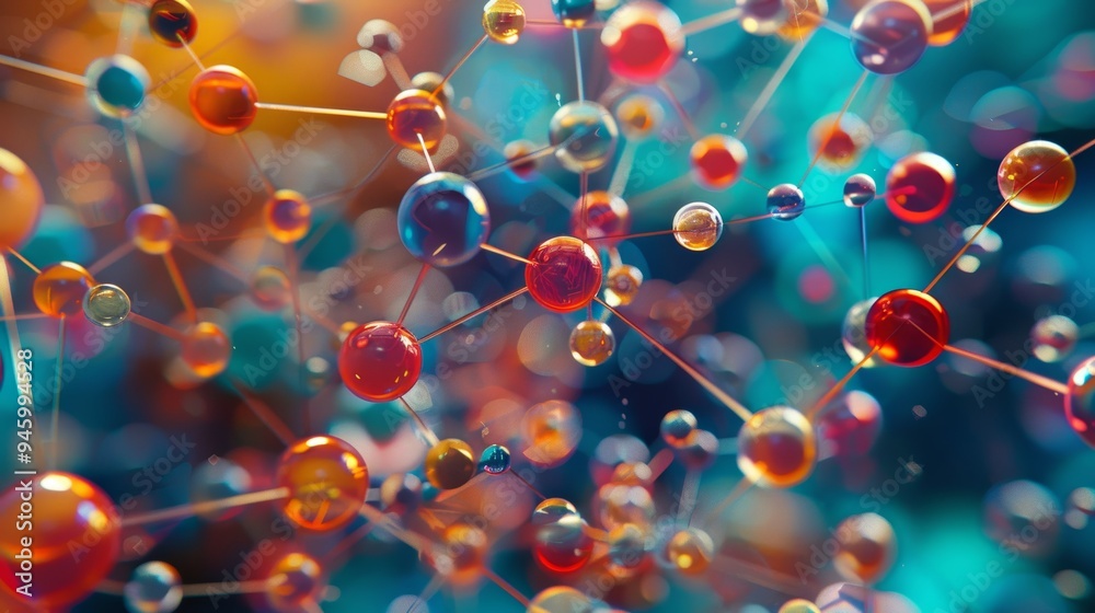 Wall mural abstract molecular structure with colorful atoms and bonds, 3d rendering of interconnected molecules