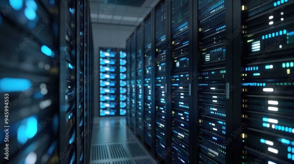 Aufkleber dark room interior features row of modern servers in data center. cyber network, connection displaye
