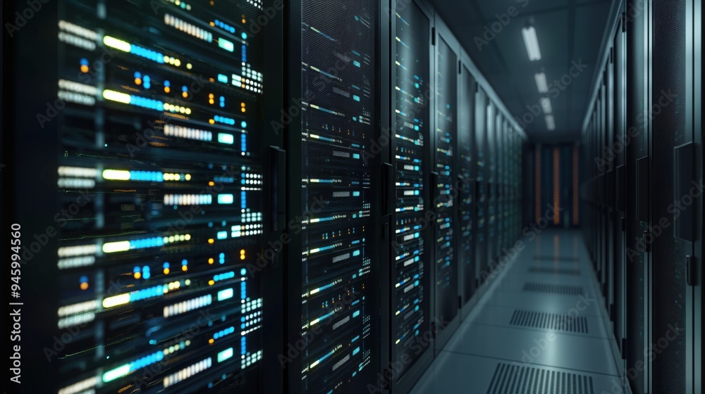 Aufkleber Dark servers in modern interior data center with connection, cyber network. Close-up of computer rack storage information, backup, mining, hosting, mainframe, cloud system. 3D rendering of cyberspace