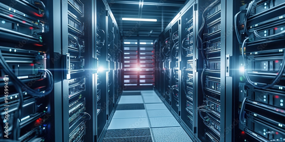 Fototapete Modern data center with rows of server hardware equipment in a large room. The servers are arranged in racks with cables connecting them to switches and other infrastructure.