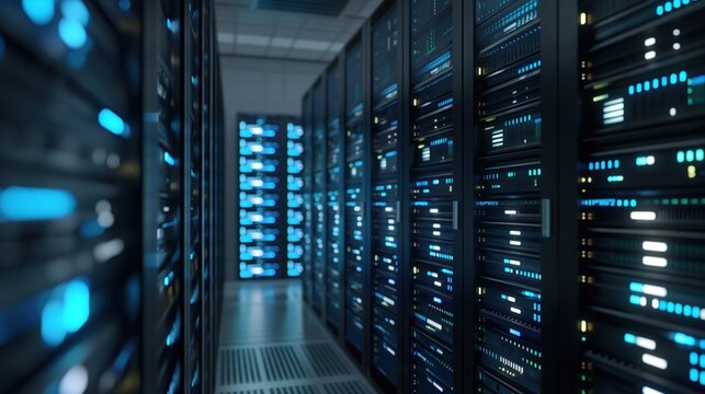 Dark room interior features row of modern servers in data center. Cyber network, connection displayed on screens behind equipment. Servers store, process large amounts of information, facilitating