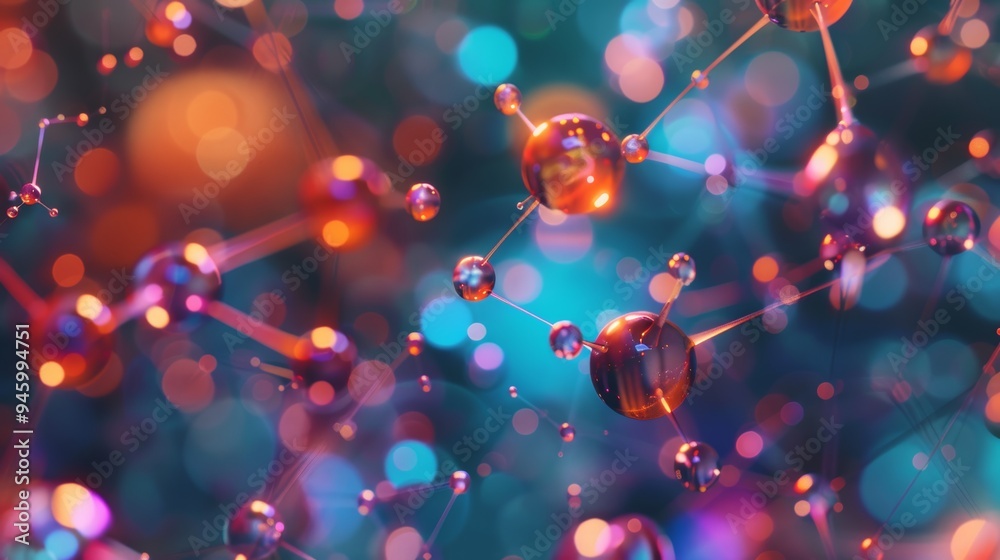 Wall mural abstract molecular structure with vibrant colors and bokeh background, representing atomic connectio