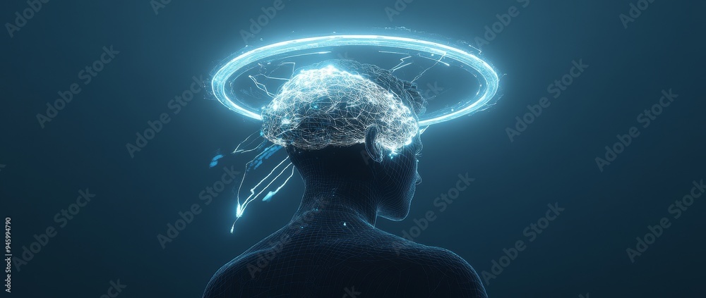 Poster flowing in the background is an array of data streams representing stock stock, represented by a blu