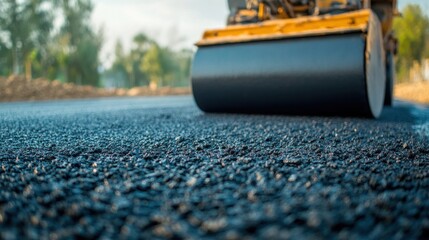 Freshly Laid Asphalt Road Being Compacted by Roller