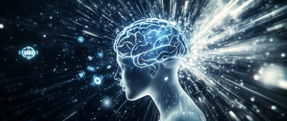 Fototapeta premium This is a blue digital head with a brain and gears inside it, with a black background and white light rays. Stock Photo