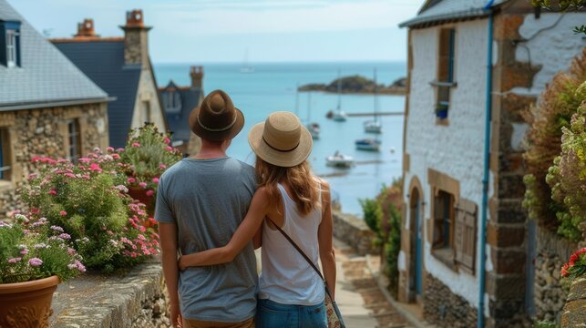 Couple visiting a charming seaside town, summer visit, coastal escape