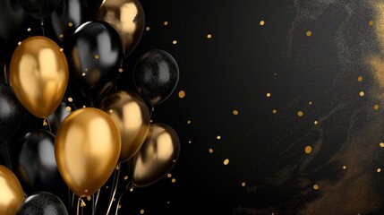 Gold balloons on dark background with glitter effect create celebratory atmosphere for New Year Eve party decoration. Black background leaves space for text or graphics.