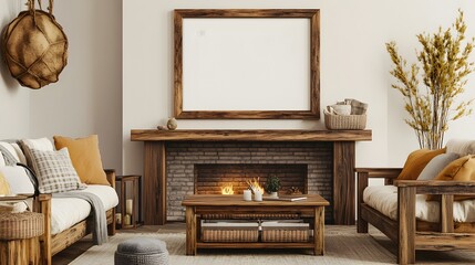 Charming and inviting farmhouse style living room setting featuring a framed mockup with rustic wood furniture a cozy fireplace and warm color accents creating a peaceful comfortable atmosphere