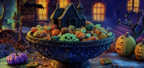 A festive Halloween bowl filled with colorful candies and spooky decorations, perfect for Halloween celebrations and trick-or-treating.