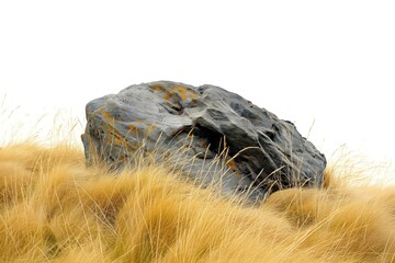 Obraz premium Gray granite rock isolated on a yellow grass background. Rough stone texture contrasting with bright colors. Ideal for composition as a standalone element.