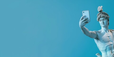 Ancient classical statue takes a modern selfie in blue background. Marble sculpture poses with smartphone, blending art and technology. Quirky twist on renaissance classic.