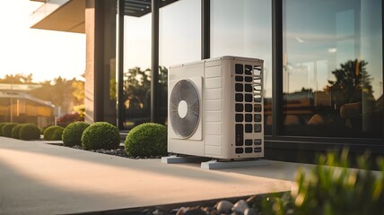 Modern Outdoor Air Conditioning Unit with Circular Fan in Urban Setting