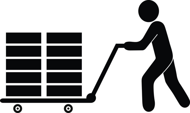 Man with trolley wheels shipment, Loading and Unloading boxes on truck, Man carrying heavy goods, Man delivery cart for delivery, Hand truck dolly Black icon