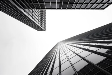 Fototapeta premium Modern skyscraper facade in black-and-white tones with a white sky on the left as copy space. View from below shows tall, high-rise building windowed exterior.