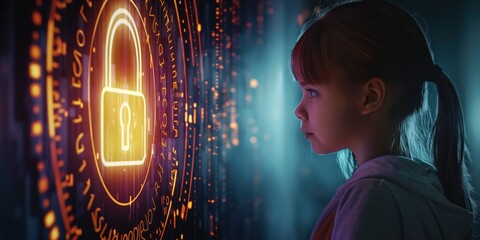 Young girl looking at digital lock in futuristic cyber security setting. Glowing neon lights highlight importance of data protection. Innocence and curiosity on her face as she explores virtual world.