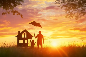 Sunset on the field with a happy family.