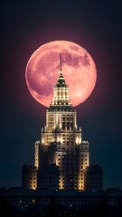 Obraz premium Cinematic Photo of a Building and the April Pink Moon in Boston, Capturing the Night Sky after the Full Moon Night