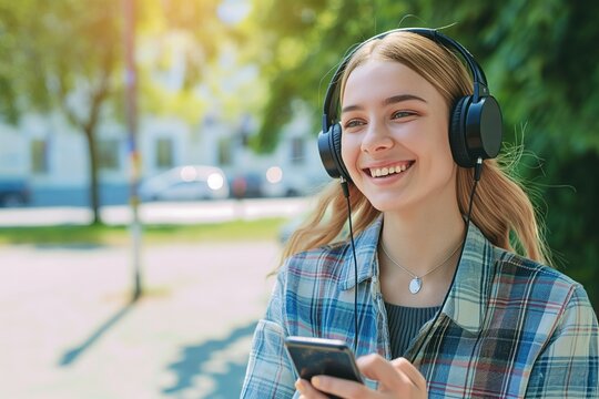 Young beautiful caucasian woman smiles happily outdoors on sunny day wearing headphones, using smartphone. She walks in casual attire, enjoying modern lifestyle, technology, and nature.