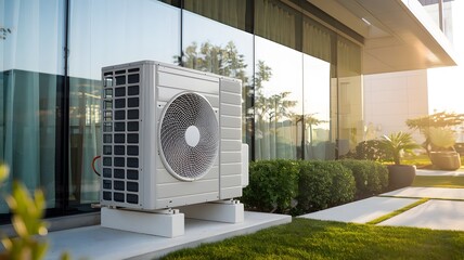 Modern Outdoor Air Conditioning Unit with Circular Fan in Urban Setting