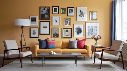 Stylish Mid-Century Modern Living Room with Yellow Sofa and Eclectic Gallery Wall