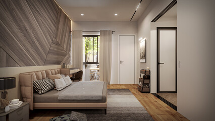 Bedroom Interior with wooden floor, warming bedroom, couple bedroom, cozy bedroom with mockup poster , big bedroom, furniture