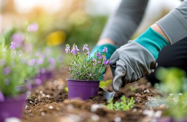 Gardener Planting Purple Flowers