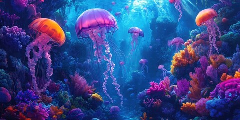 Vibrant jellyfish swim amongst colorful coral.