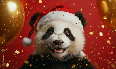 A happy panda donned in a Santa hat joyfully celebrates with golden balloons and colorful confetti, radiating festive cheer against a bright red backdrop