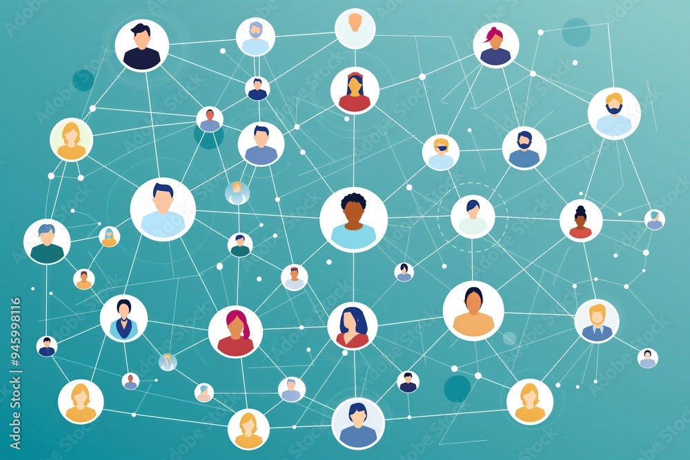Poster illustration of people connecting in a global network. diverse individuals form a web of communicati