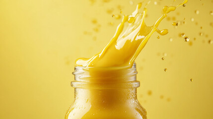 Bright yellow condiment splashes from a glass jar against a vivid yellow background, capturing the essence of flavor and zest