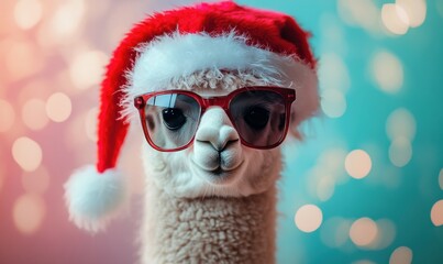 A quirky llama sports stylish sunglasses and a cheerful Santa hat, bringing festive joy against a sparkling holographic background, perfect for spreading holiday cheer