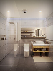 Interior Modern Bathroom, White Marble, Cabinet, Shower, Sink and Mirror, Bathing Accessories, 3D Rendering