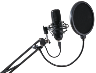 Professional studio microphone for voice recording with pop filter isolated on a transparent background.