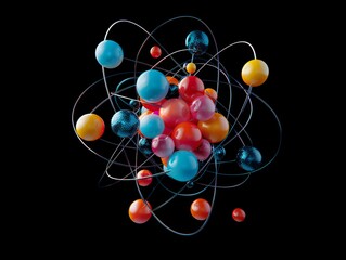 Colorful 3D Illustration of an Atom with Nucleus and Electron Clouds, Depicting the Structure of an Atom in a Scientific Style