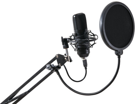 Professional studio microphone for voice recording with pop filter isolated on a transparent background.