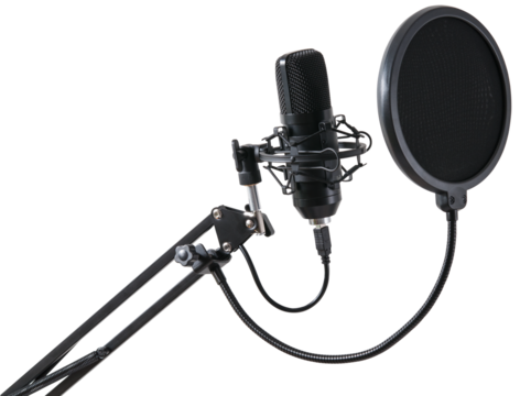 Professional studio microphone for voice recording with pop filter isolated on a transparent background.