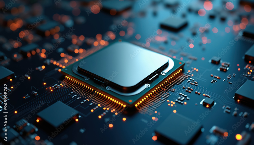 Poster metallic processor on circuit board: a metallic processor on a circuit board, surrounded by electron