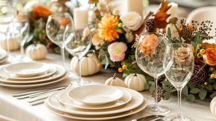Fototapeta premium Modern Luxe Thanksgiving Fall Autumn Table Setting: Sophisticated Organic Elegance