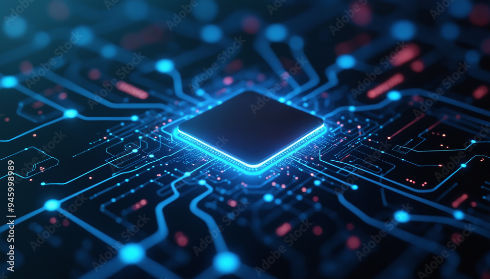 Poster microchip icon with network integration: a microchip icon embedded in a digital network, symbolizing