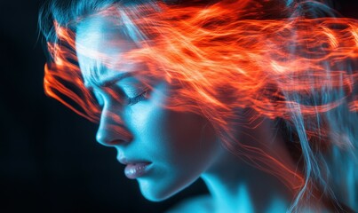 A woman experiences a headache with her eyes closed, conveying discomfort and frustration. The background is dynamic and blurry, enhancing the sense of motion and emotional intensity