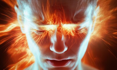 A woman experiences a headache with her eyes closed, conveying discomfort and frustration. The background is dynamic and blurry, enhancing the sense of motion and emotional intensity