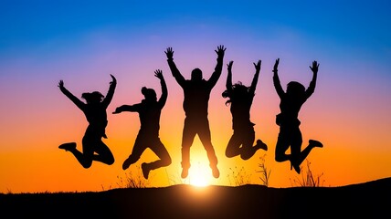 Silhouettes of People Jumping in Joy Against a Vibrant Sunset