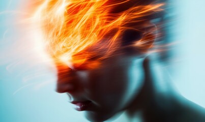 A woman experiences a headache with her eyes closed, conveying discomfort and frustration. The background is dynamic and blurry, enhancing the sense of motion and emotional intensity