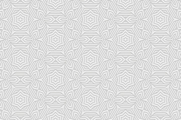 Embossed white background, tribal cover design, banner. Geometric unique 3D pattern, embossing. Ornaments, handmade, boho style. Ethnicity of the East, Asia, India, Mexico, Aztec, Peru.