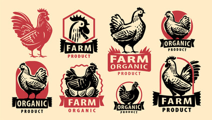 Chicken logo elements. Healthy organic farm meat and eggs concept. Set of emblems, badges, stamps vector illustration