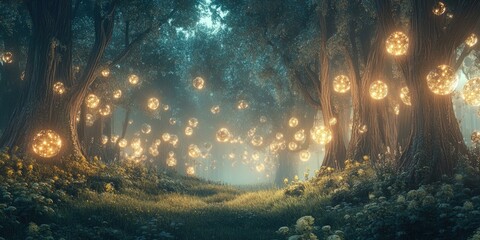 Obraz premium Enchanted forest with glowing orbs.