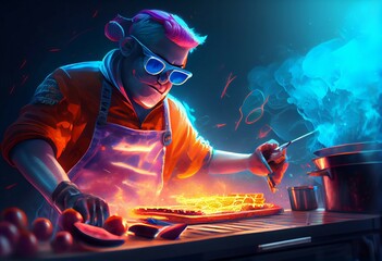 A cool cook with glasses cooks food on fire. An elderly man chef is cooking steaks on fire, photo Art style. High dynamics in the photo, beautiful composition, cooking. Neon-style picture 