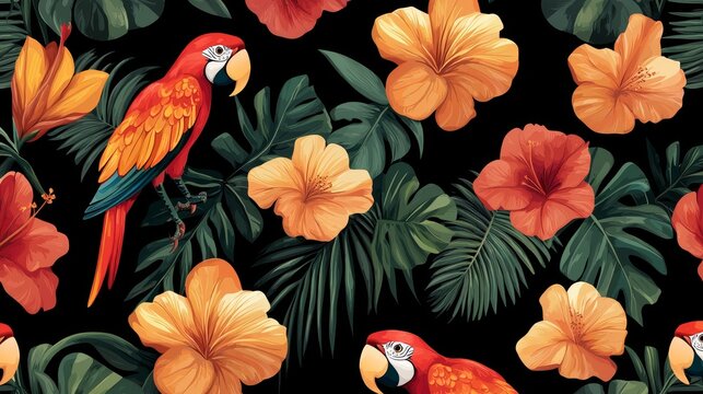 A pattern of tropical birds and exotic flowers, arranged in a vibrant, jungle-inspired design