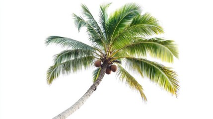A tall coconut palm tree with green fronds and coconuts against a white background.